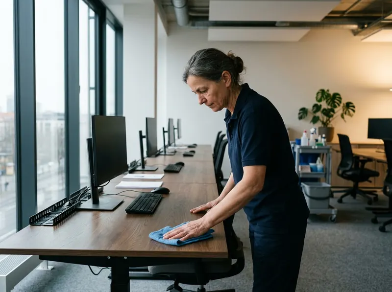 Unterhaltsreinigung im Büro: Reinigungskraft wischt einen Schreibtisch im Großraumbüro ab