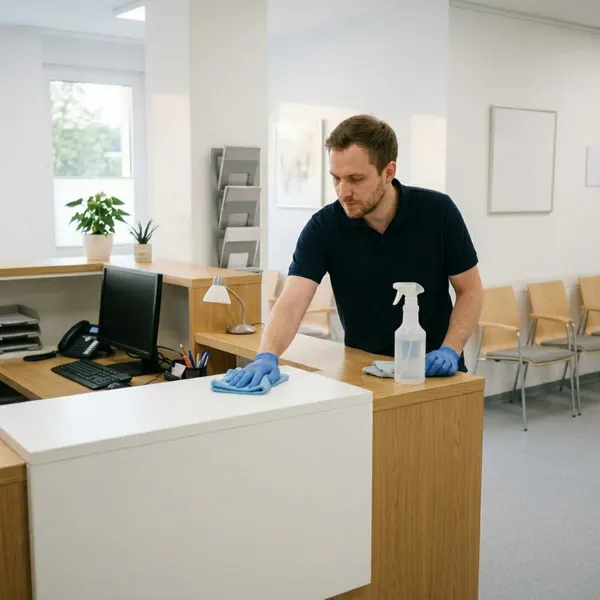 Praxisreinigung: Reinigungskraft desinfiziert die Empfangstheke einer Arztpraxis